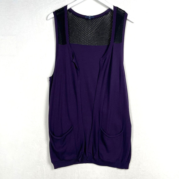 Gap Long Sleeveless Cardigan Sweater‎ Pockets Purple & Black Mesh Women's Medium - Picture 1 of 13